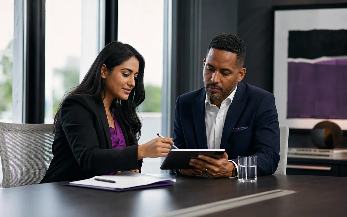 Business operators completing a digital approval and reviewing the next action together