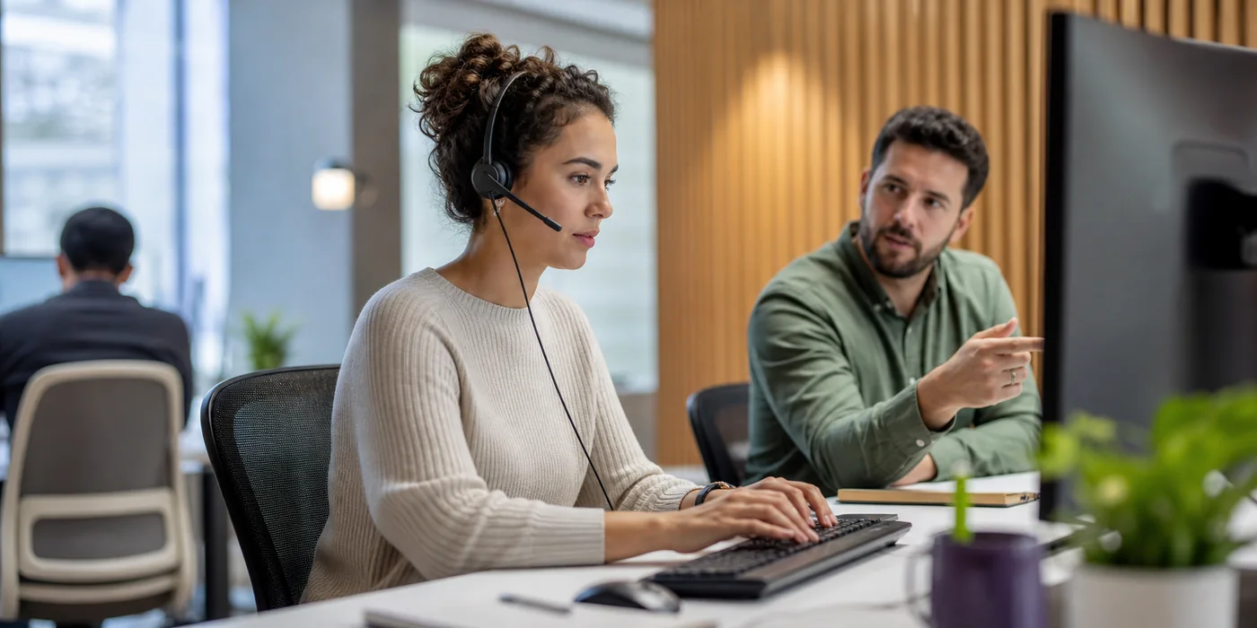 Customer operations professional handling a live conversation while collaborating with a colleague