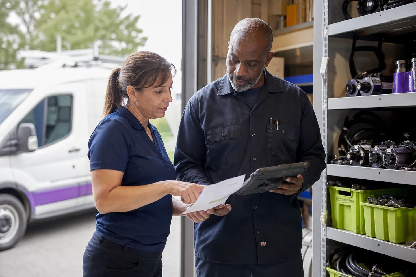 Field service coordinator and technician planning dispatch and inventory with a rugged tablet