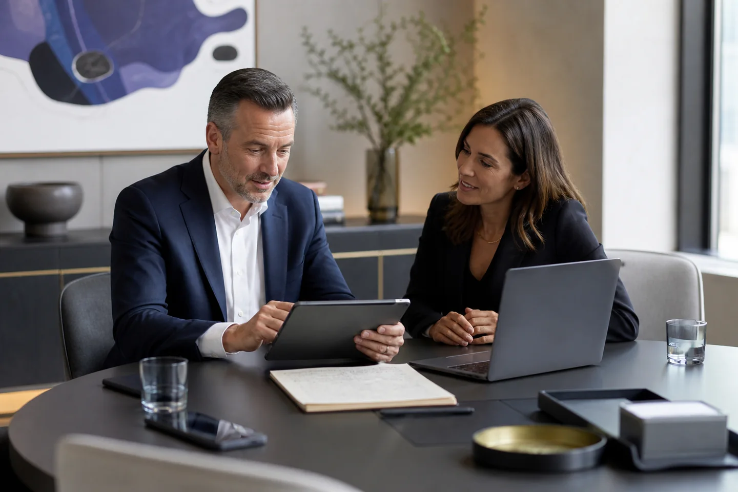 Finance operations leader and business client reviewing an agreement and payment handoff