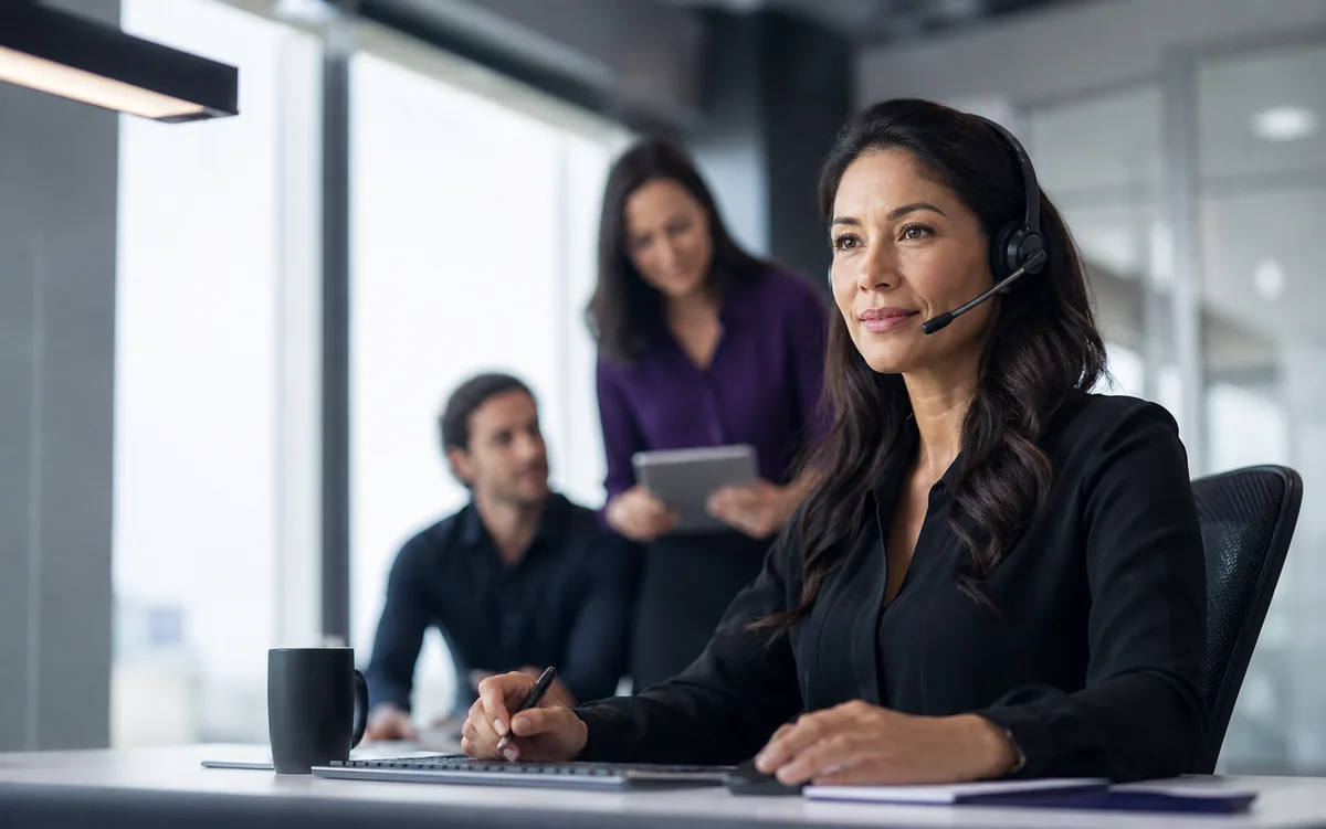Customer operations leader using a headset while her team coordinates the next customer action