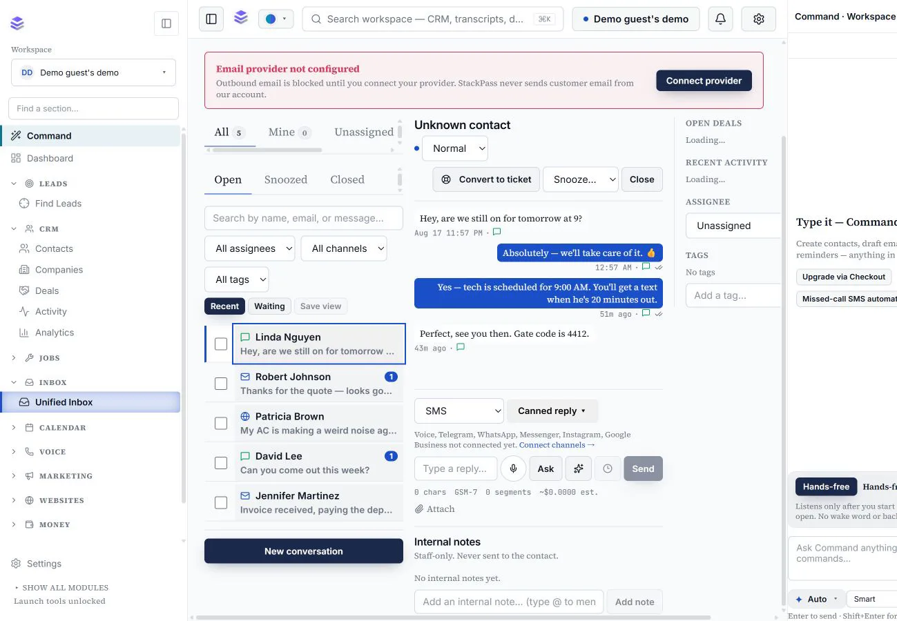 Real StackPass Unified Inbox with a fictional demo conversation