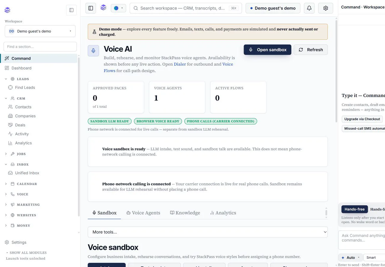 Real StackPass Voice AI agents and flows workspace
